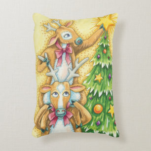 Cute Christmas Reindeer With Christmas Tree Star Decorative Cushion