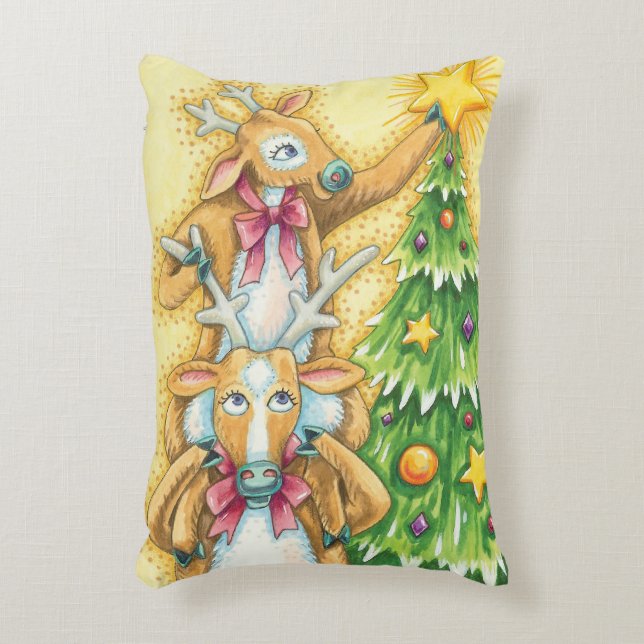 Cute Christmas Reindeer With Christmas Tree Star Decorative Cushion (Front(Vertical))