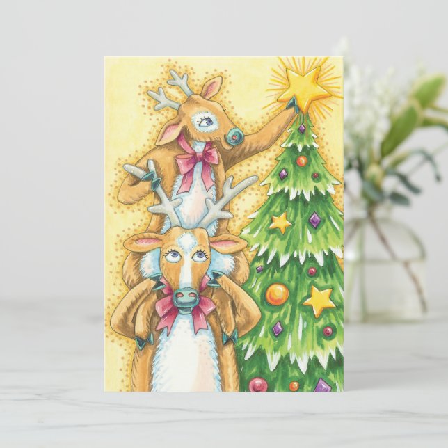 Cute Christmas Reindeer With Christmas Tree Star Invitation (Standing Front)