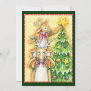 Cute Christmas Reindeer With Christmas Tree Star Invitation