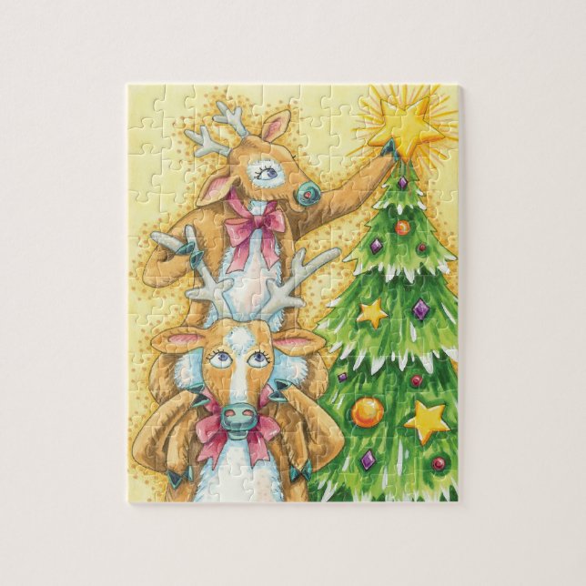 Cute Christmas Reindeer With Christmas Tree Star Jigsaw Puzzle (Vertical)