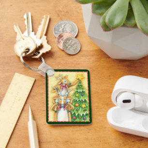 Cute Christmas Reindeer With Christmas Tree Star Key Ring