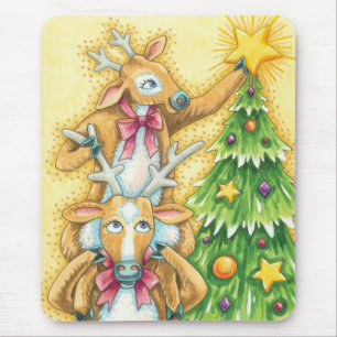 Cute Christmas Reindeer With Christmas Tree Star Mouse Pad