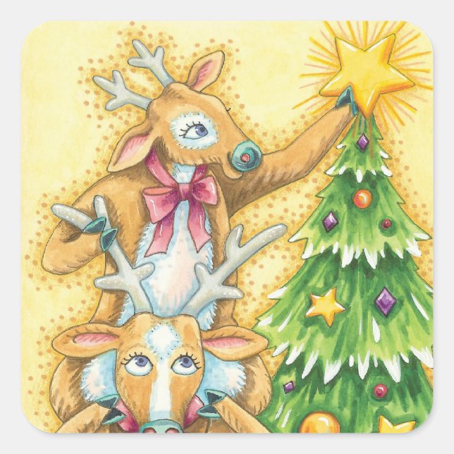 Cute Christmas Reindeer With Christmas Tree Star Square Sticker (Front)
