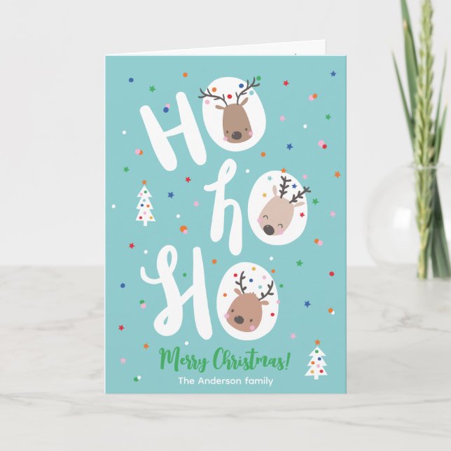 Cute Christmas Reindeer with Hohoho text Holiday Card (Front)