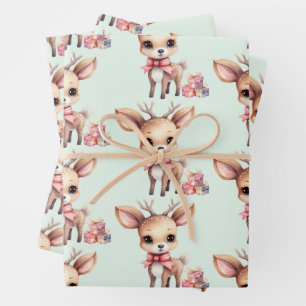 Cute Christmas Reindeer with Holiday Gifts Pattern Wrapping Paper Sheet
