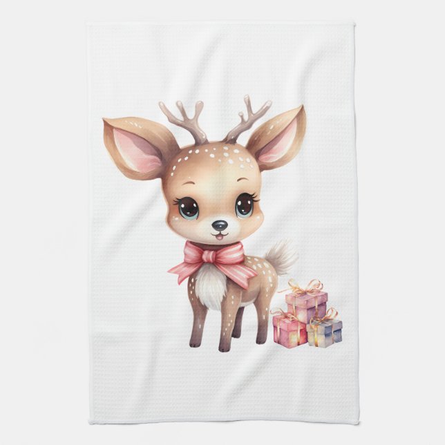 Cute Christmas Reindeer with Holiday Gifts Tea Towel (Vertical)