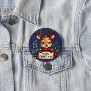 Cute Christmas Reindeer with Holly and Sign 7.5 Cm Round Badge
