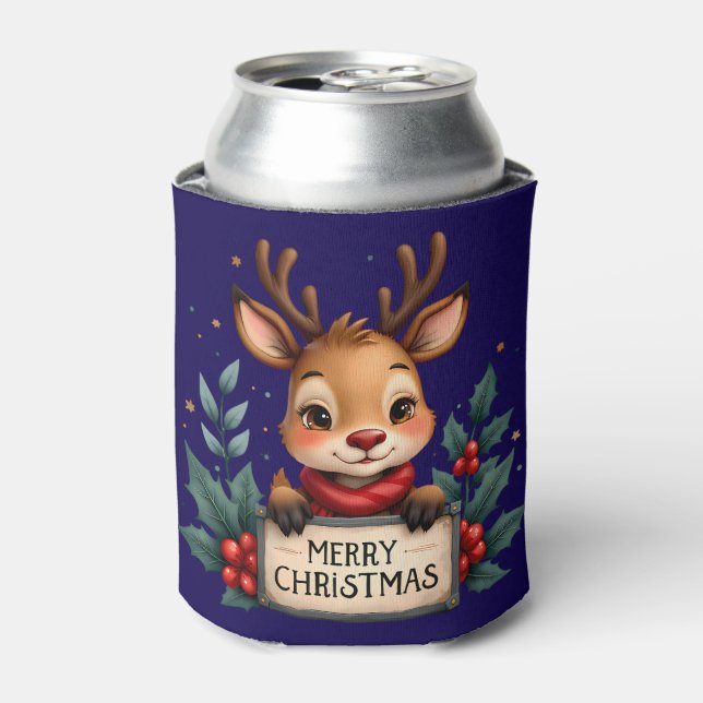 Cute Christmas Reindeer with Holly and Sign Can Cooler (Can Front)