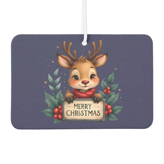 Cute Christmas Reindeer with Holly and Sign Car Air Freshener (Front)