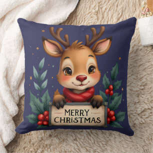 Cute Christmas Reindeer with Holly and Sign Cushion