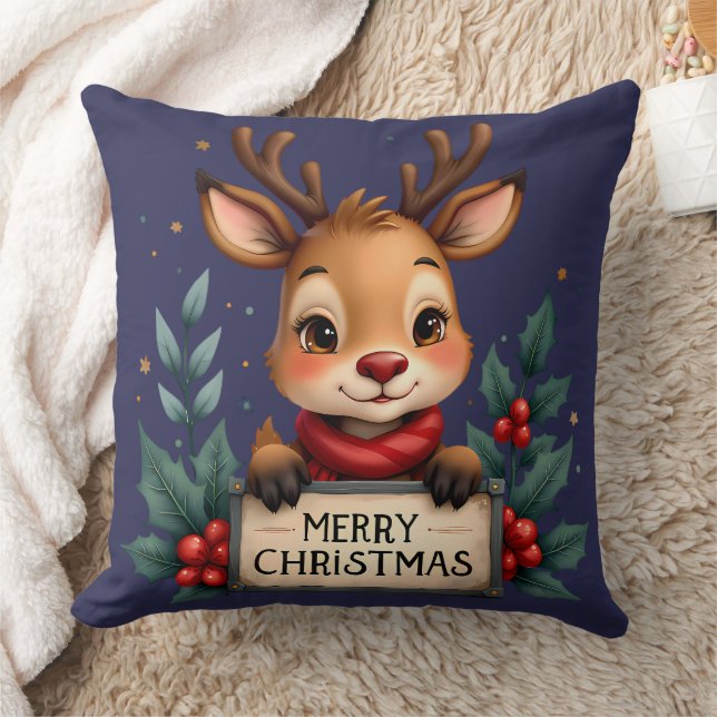 Cute Christmas Reindeer with Holly and Sign Cushion (Blanket)