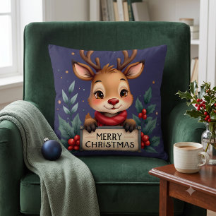 Cute Christmas Reindeer with Holly and Sign Cushion