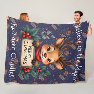 Cute Christmas Reindeer with Holly and Sign Fleece Blanket