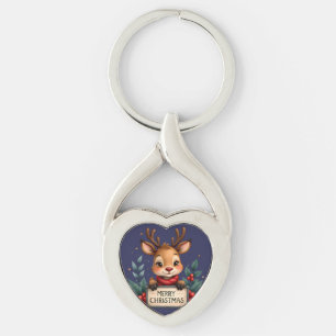 Cute Christmas Reindeer with Holly and Sign Key Ring