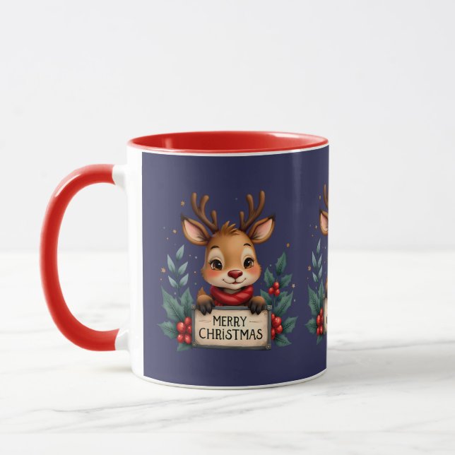 Cute Christmas Reindeer with Holly and Sign Mug (Left)