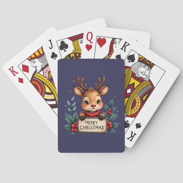 Cute Christmas Reindeer with Holly and Sign Playing Cards (Back)
