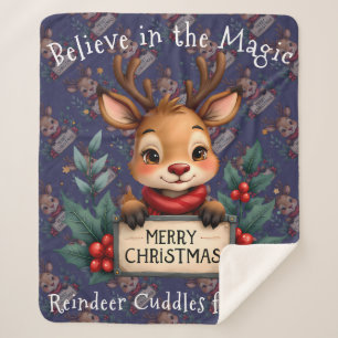 Cute Christmas Reindeer with Holly and Sign Sherpa Blanket