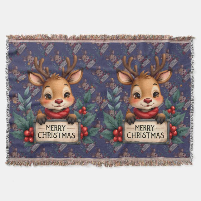 Cute Christmas Reindeer with Holly and Sign Throw Blanket (Front)