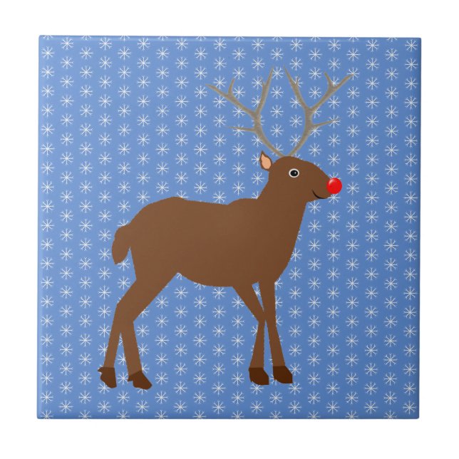 Cute Christmas Reindeer with Red Nose  Ceramic Tile (Front)