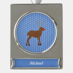 Cute Christmas Reindeer with Red Nose Custom Silver Plated Banner Ornament