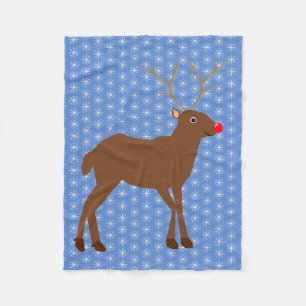 Cute Christmas Reindeer with Red Nose Fleece Blanket