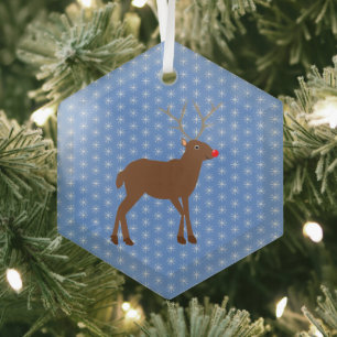 Cute Christmas Reindeer with Red Nose Glass Tree Decoration