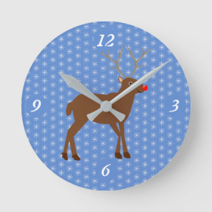 Cute Christmas Reindeer with Red Nose Round Clock