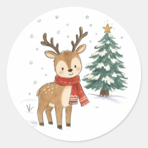 Cute Christmas Reindeer with Red Scarf Classic Round Sticker