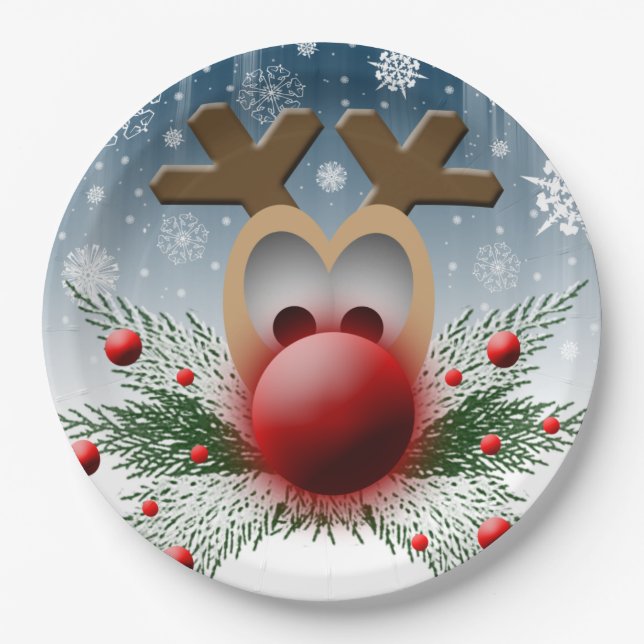 Cute Christmas Reindeer Xmas Holiday Snowflakes Paper Plate (Front)
