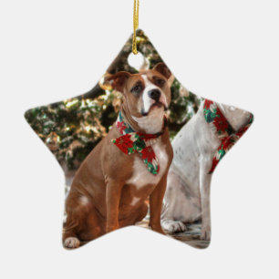 Cute Christmas Rescue Pitbull and America Bull Dog Ceramic Ornament