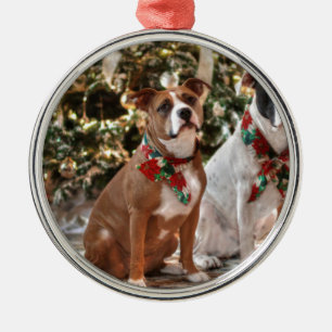 Cute Christmas Rescue Pitbull and America Bull Dog Metal Ornament