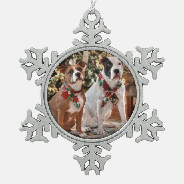 Cute Christmas Rescue Pitbull and America Bull Dog Snowflake Pewter Christmas Ornament (Front)