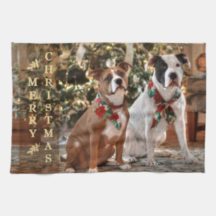 Cute Christmas Rescue Pitbull and America Bull Dog Tea Towel