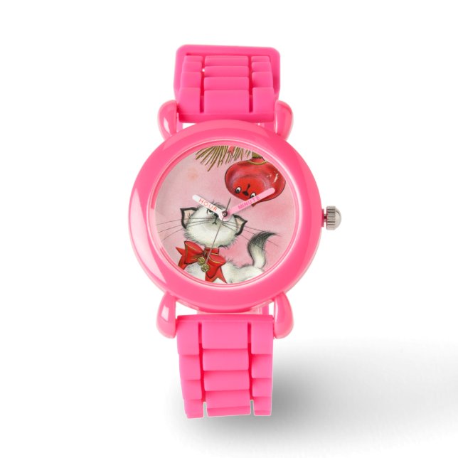 Cute Christmas Retro Kitty Cat Tree Pink Glitter Watch (Front)