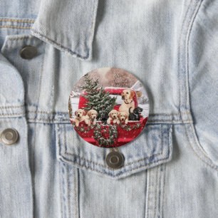 Cute Christmas Retro Red Truck With Puppies Dogs 7.5 Cm Round Badge