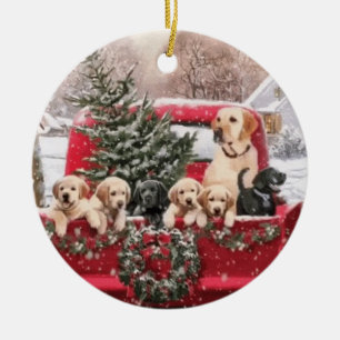 Cute Christmas Retro Red Truck With Puppies Dogs Ceramic Ornament