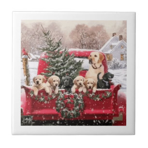 Cute Christmas Retro Red Truck With Puppies Dogs Ceramic Tile
