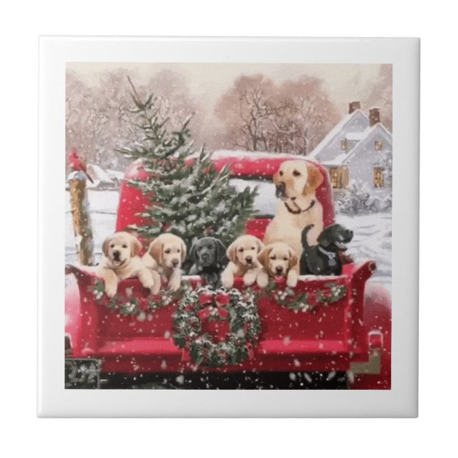 Cute Christmas Retro Red Truck With Puppies Dogs Ceramic Tile (Front)