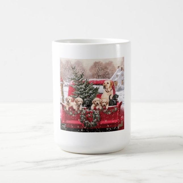 Cute Christmas Retro Red Truck With Puppies Dogs Coffee Mug (Center)