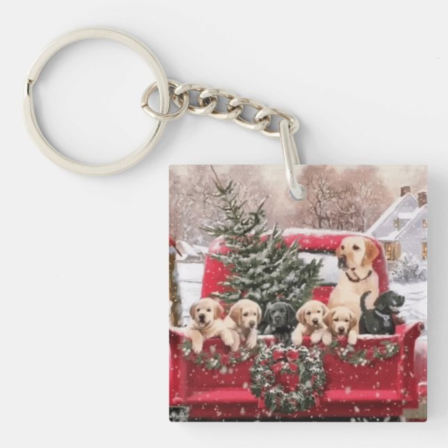 Cute Christmas Retro Red Truck With Puppies Dogs Key Ring (Front)