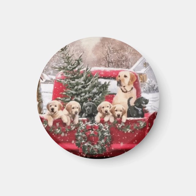Cute Christmas Retro Red Truck With Puppies Dogs Magnet (Front)