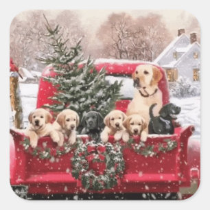 Cute Christmas Retro Red Truck With Puppies Dogs Square Sticker