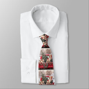 Cute Christmas Retro Red Truck With Puppies Dogs Tie