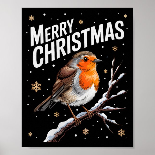 Cute Christmas Robin Merry Xmas Snow Scene Gardene Poster (Front)