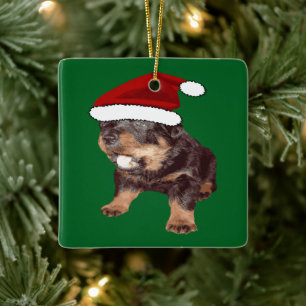 Cute Christmas Rottweiler With Red Santa Hat Ceramic Ornament