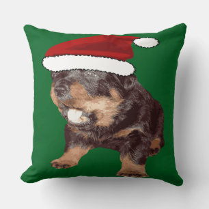 Cute Christmas Rottweiler With Red Santa Hat Cushion