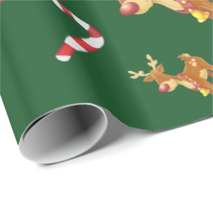 Cute Christmas Rudolph Candy Cane Pattern Green Wrapping Paper