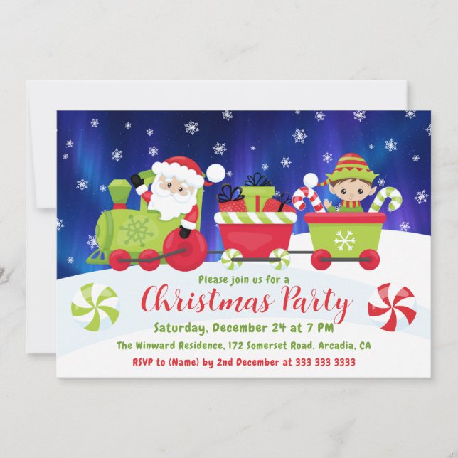 Cute Christmas Santa and Elf Train Invitation (Front)
