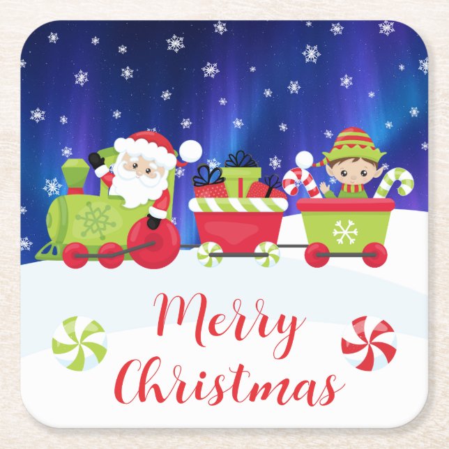 Cute Christmas Santa and Elf Train Square Paper Coaster (Front)